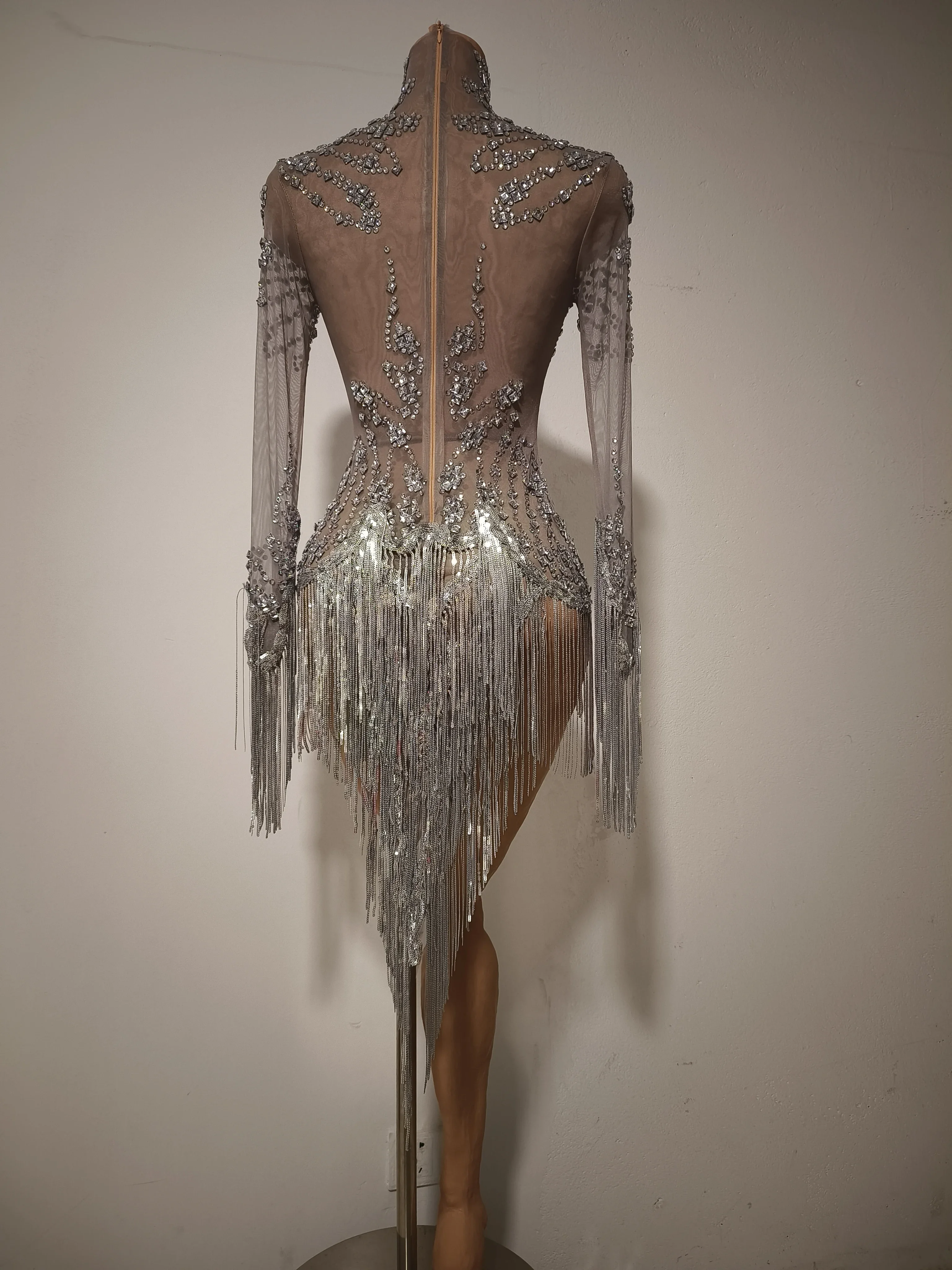 Show girl costume Luxury Party OutfitWomen Sexy Silver Sequin Tassel Designer Mini Dress Mesh See Through Luxury Evening Birthda