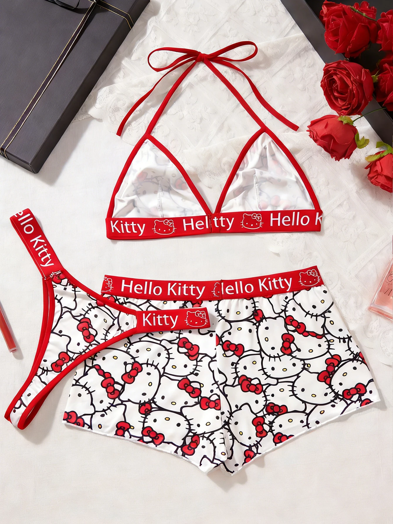 Sanrio Hello Kitty Red  White Lingerie Set Allover Print Halter Triangle Bra Matching Boyshort & Thong Cute Three-Piece Set