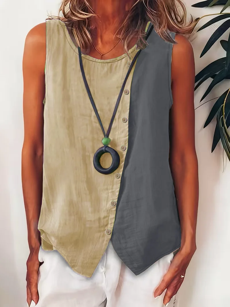 2026 Europäische und Amerikanische Neue Damen Freizeit-Colorblock-Ärmellose Knopfbluse mit seitlicher Einreihiger Knopfleiste, Rundhals – Detail 4