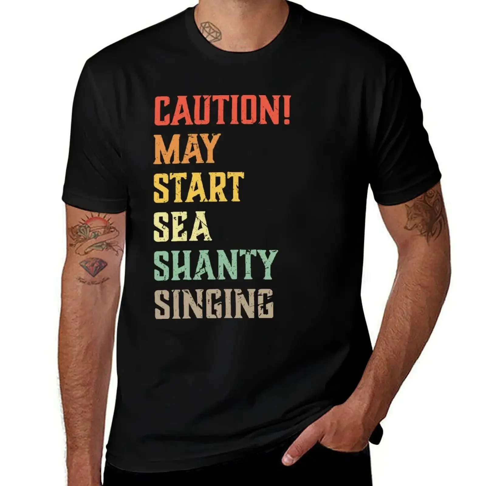 Caution may start sea shanty singing funny meme quote saying idea T-Shirt vintage t shirts blue archive t shirts for men cotton