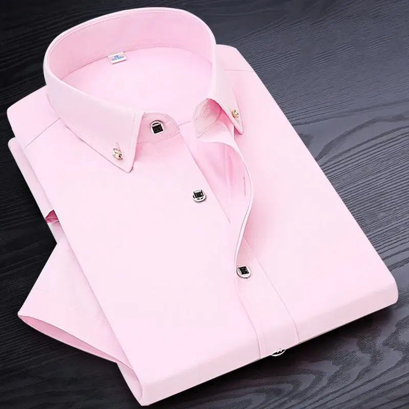 Plus Size Men Dress Shirts Short Sleeve Slim Fit Solid Business Formal White Shirt Male M~5XL Men\'s French Cuff Shirt Summer