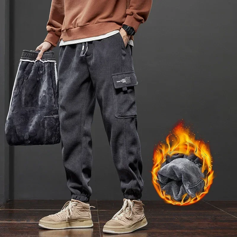 

2024 Winter New Men's Fleece Corduroy Soft Cargo Harem Pants Thickened Warm Elastic Loose Street Jogging Sports Trousers Male