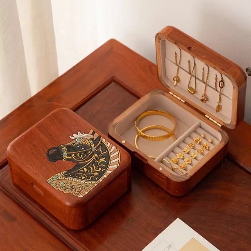 

Шкатулка для украшений из палисандра, органайзер из массива дерева, расписанный вручную портативный футляр для хранения, дорожный футляр для памятных вещей