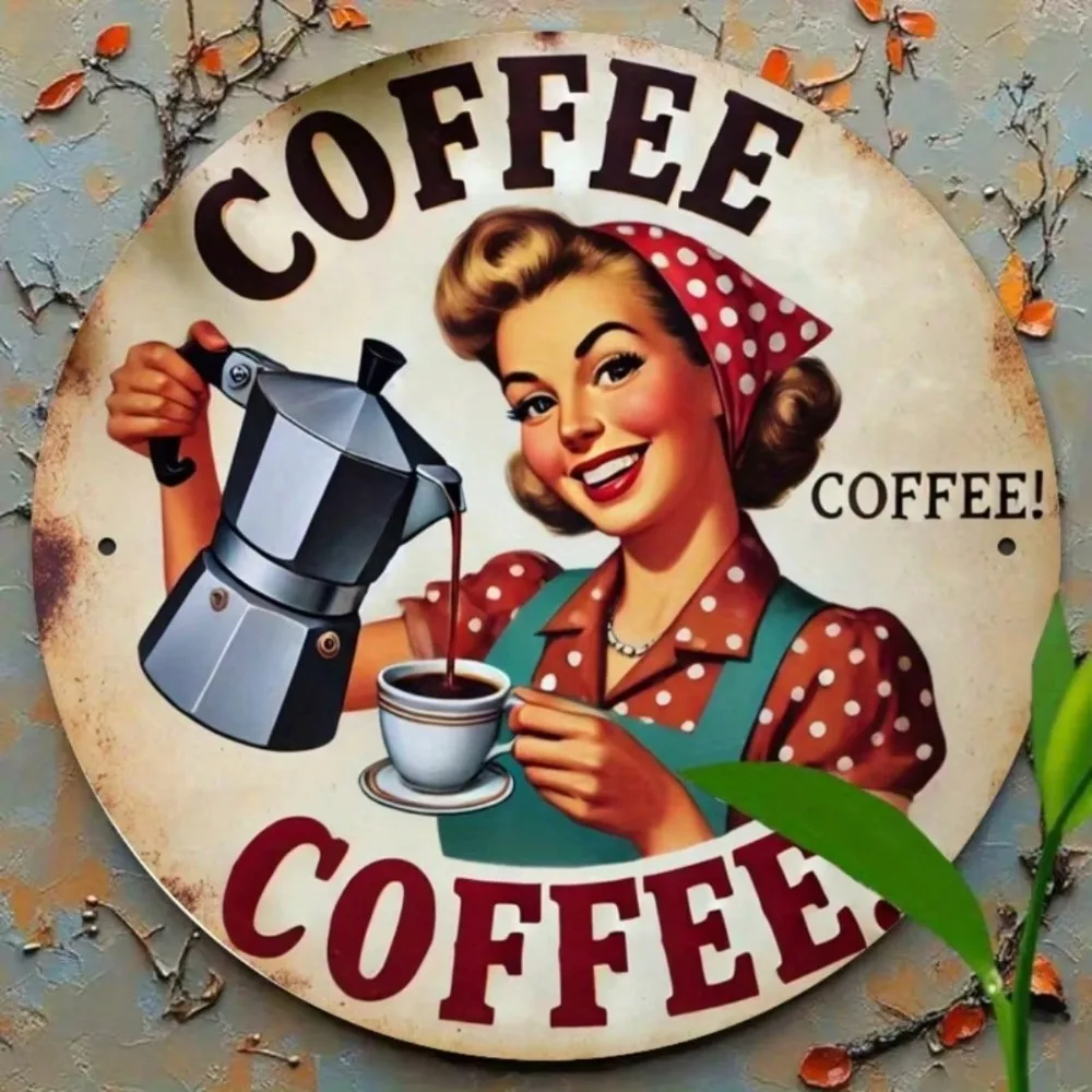 Retro Vintage Coffee Girl Pouring Moka Pot with Polka Dot Headscarf & Apron in 1950s Pin-Up Style High-Definition Metal Tin Sign