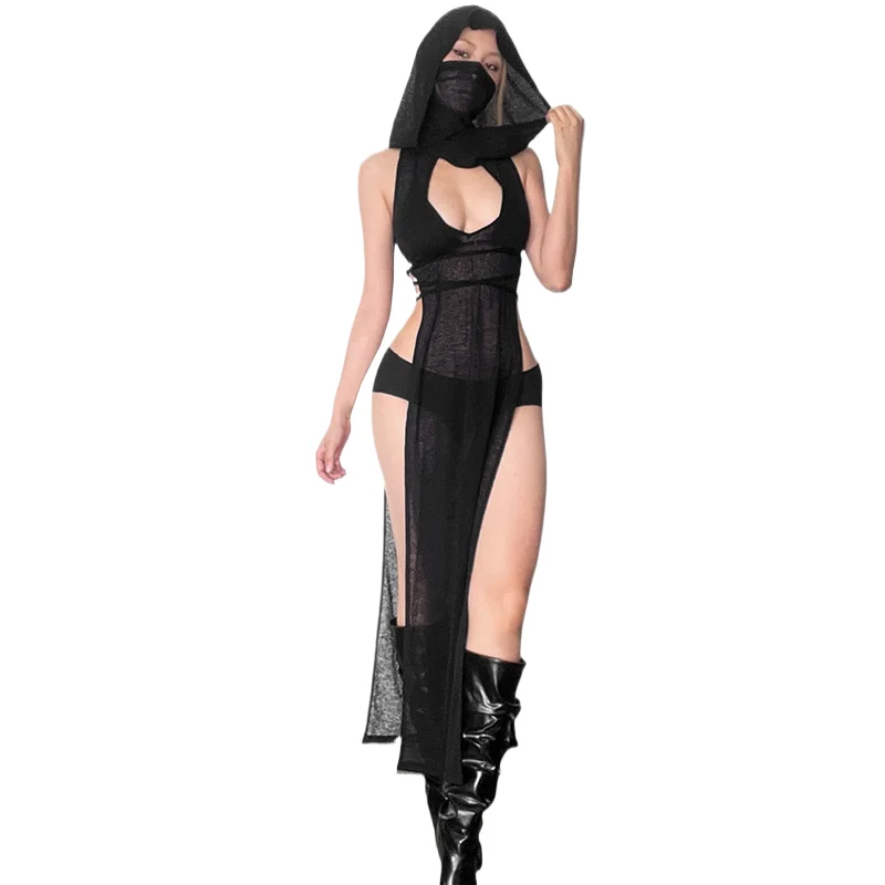 Vrouwen Sexy Hoge Dij Lengte Split Capuchon Jurk Capuchon Mouwloos Vest Gewaad Vrouwen Sexy Club Bar Cosplay kostuum 2025