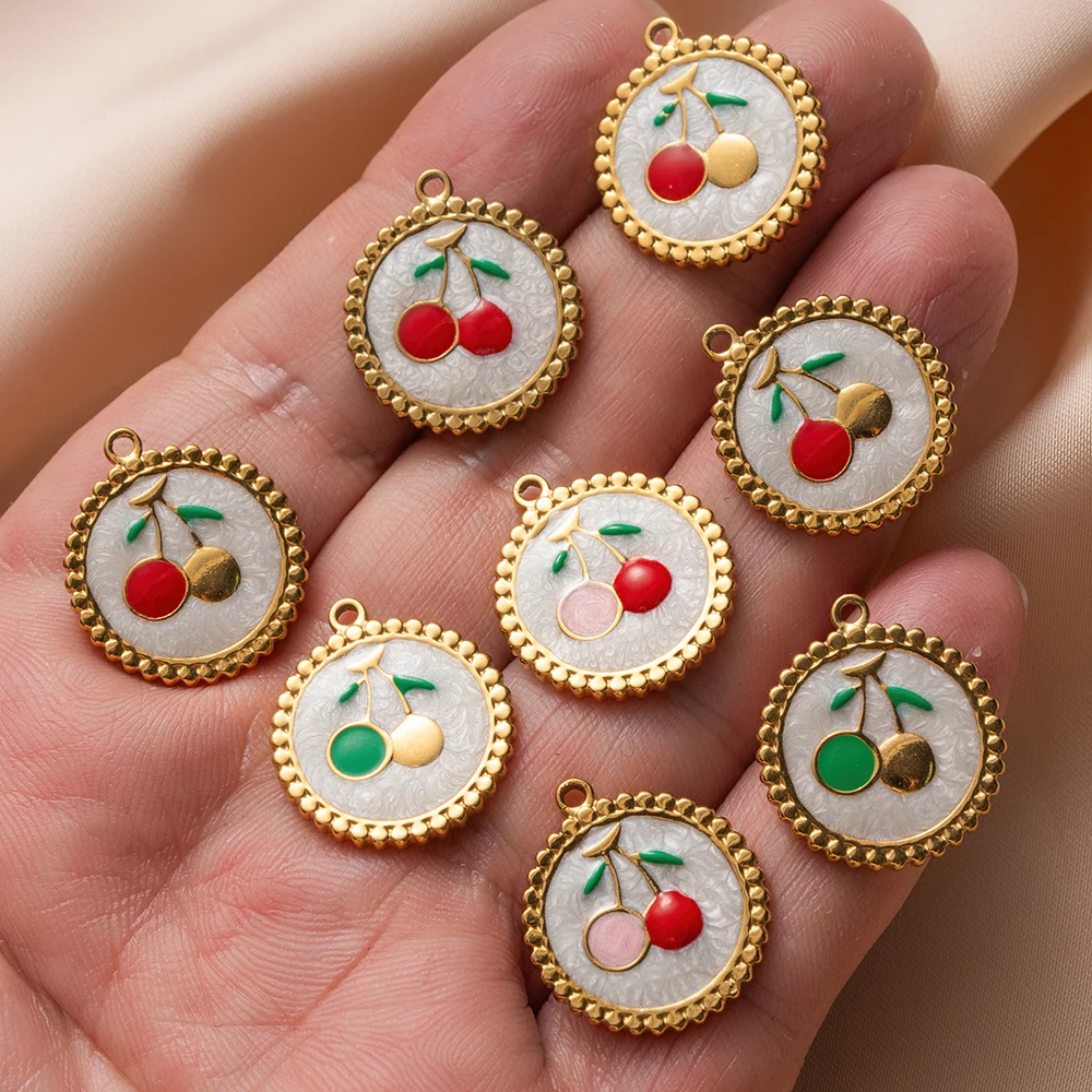 

5pcs/Lot Stainless Steel Enamel Charms Cherry Pendants For DIY Bracelets Necklaces Jewelry Making Supplies Findings Accessories