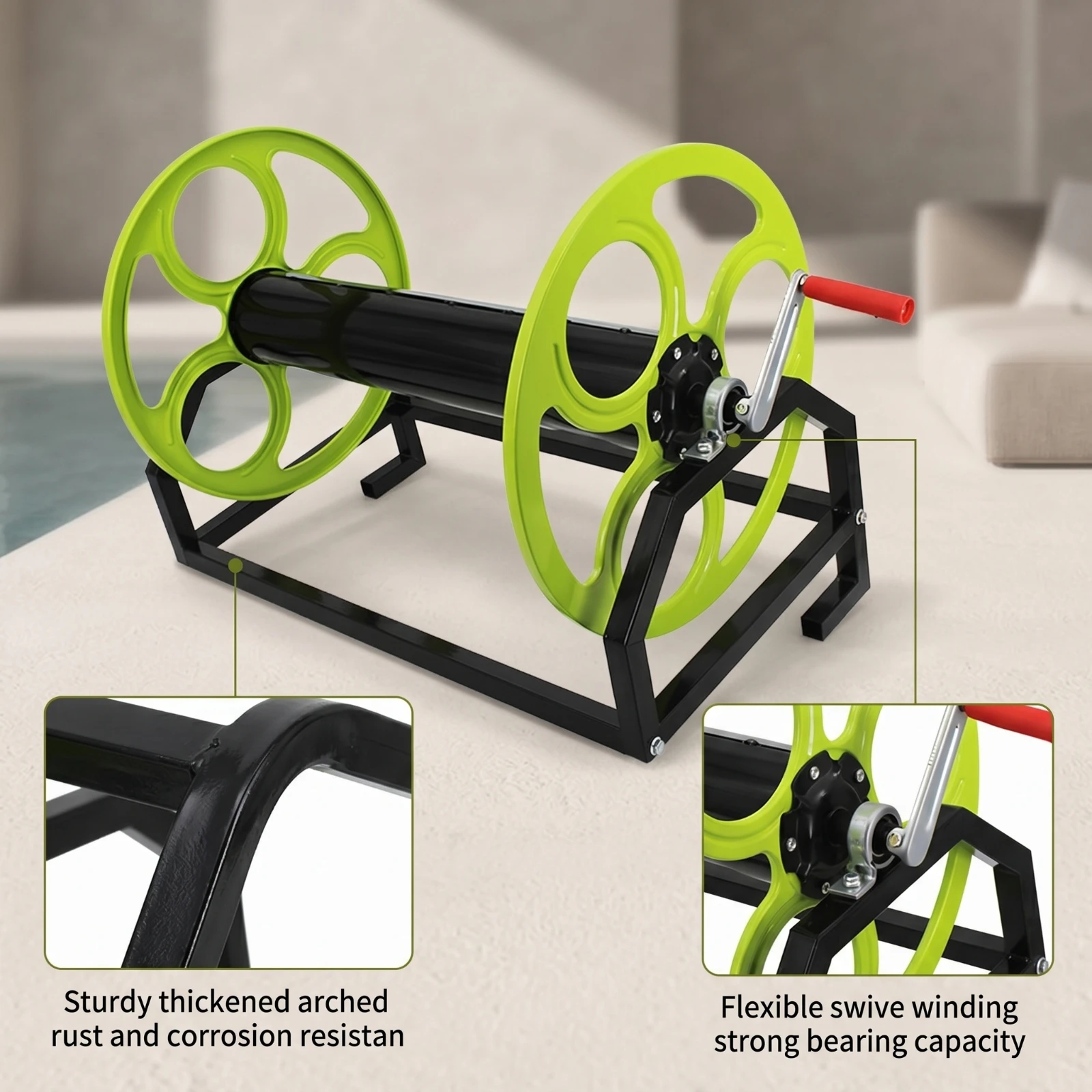 Hose Reel Stand Sprayed Hose Rack with Hand Crank Large-Capacity Effortless Rewind for Pool Owners, Poolside, Patio