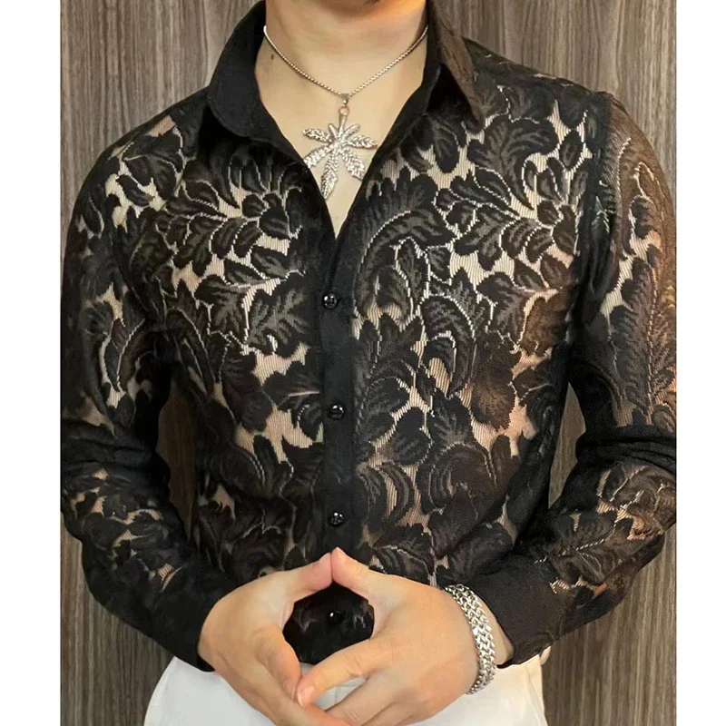 Heren slim fit overhemd lente transparant shirt met lange mouwen heren nachtclub sexy casual sociaal feestoverhemd