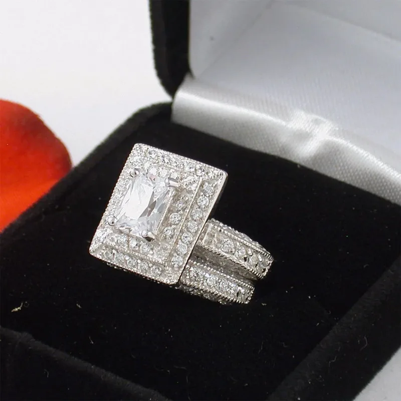 Vintage Lab Diamond Ring Set White Gold Engagement Wedding Band Rings for Women Promise Jewelry