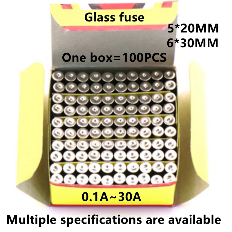 100PCS Glass fuse 5x20mm 6x30mm 0.1A 0.2A 0.25A 0.3A 0.5A 1A 1.5A 2A 3A 3.15A 3A 4A 5A 6A 6.3A 8A 10A 250V Insurance tube
