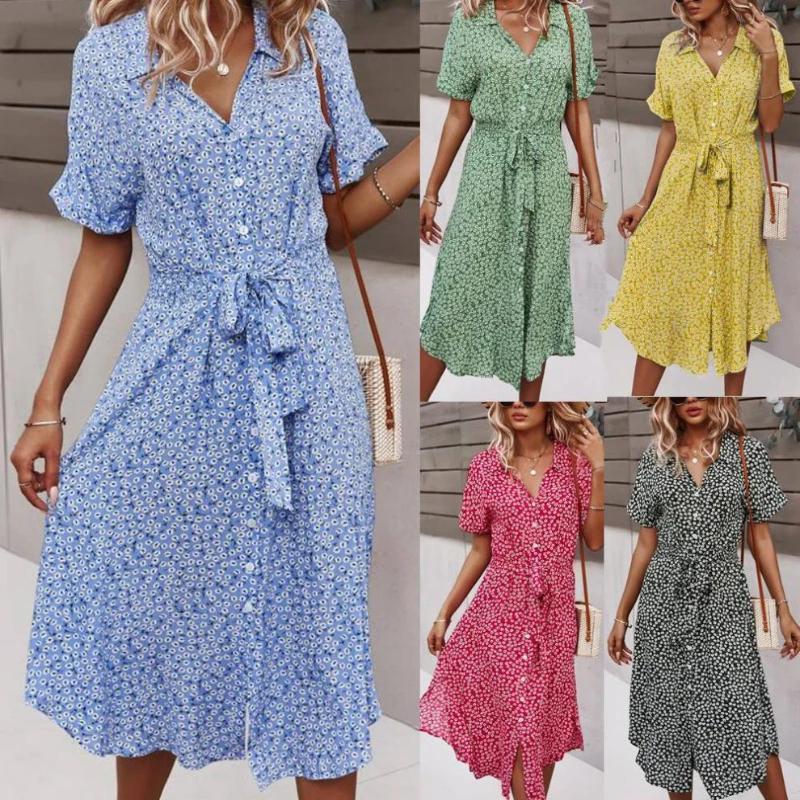 

Ladies Vintage Long Floral Print Summer Dress Women Loose Casual Button Bohemian Beach Dress Women Sundress