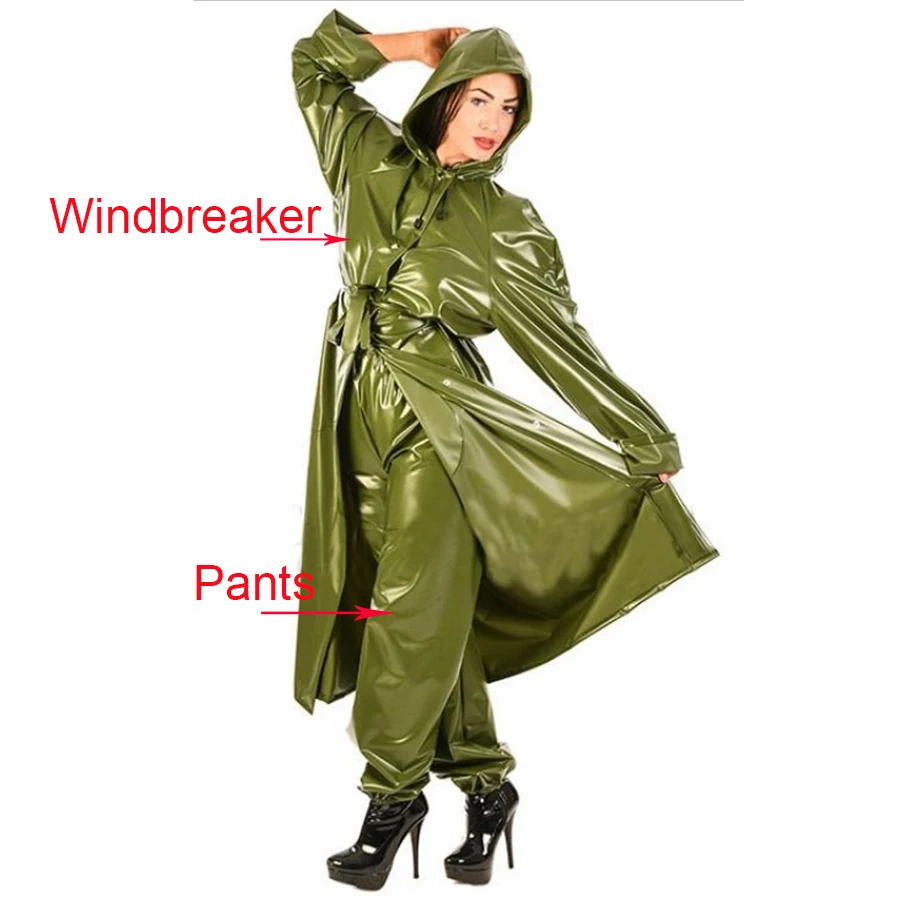 Natural Rubber Latex Men Women Army Green Long Windbreaker Wind Coat Pants with Cap Outer Garment Handmade Costumes S-LSW037