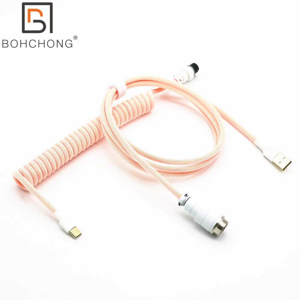 Hand Custom Thicker Spiral Coil Keyboard USB Type C Coiled Cable L Z Shape Double Sleeved Matt Colorful GX16 OB 0B Aviator Cable