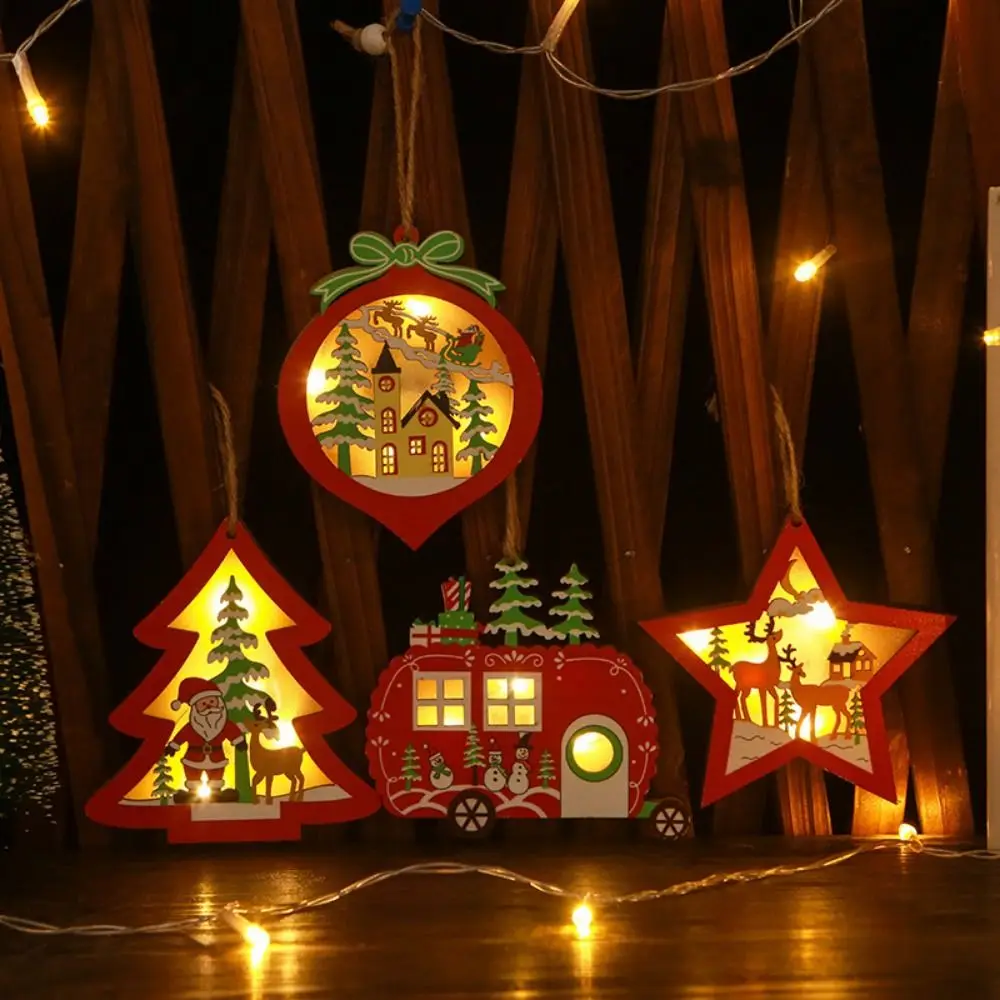 

LED Light Santa Snowman Pendants Wooden Decorative Christmas Tree Ornaments Hanging Star/Car Shape Christmas Decorations