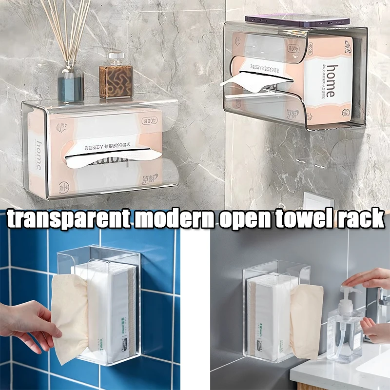 Simple Wall-Mounted Self-Adhesive Tissue Box Bathroom Kitchen Paper Towels Storage Box Toilet Tissue Dispenser Holder Organizer