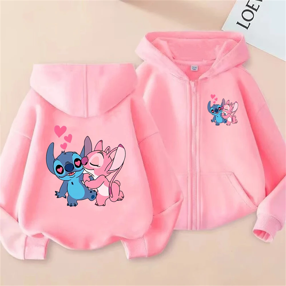 New Stitch Zipper Hoodies Girls Pink Sweatshirt Autumn Winter Long Sleeve Harajuku Pullovers Disney Stich Casual Hooded Tops