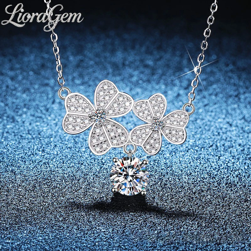 LioraGem Platinum PT950 1 Carat Moissanite Premium Clavicle Necklace, Full Diamond Sakura Pendant Necklace for Women