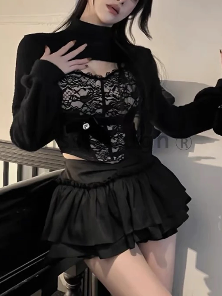 Kawaii Sexy 3 Piece Set Women Fashion Lace Design New Y2K Suit Female Long Sleeve Coat + Black Strapless +pleated Skirt Spring