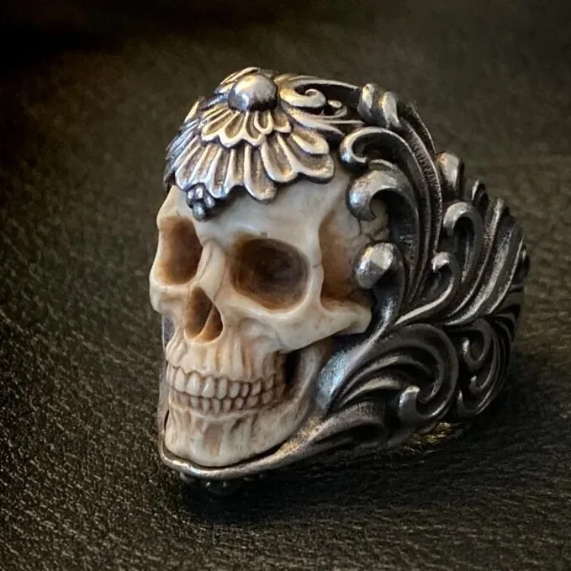 Stainless Steel Titanium Hollow Retro Viking Irish Celtic Knot Men's Ring with Open Skull Head Men's Ring