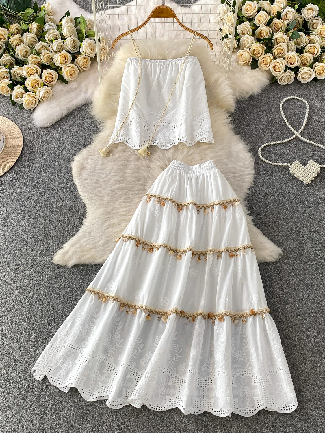 Retro Sweetness Vacation Style Linen Rope Strap Hook Lace Design Knitted  Long Skirt Two-Piece Set Women's Fashion Ensemble