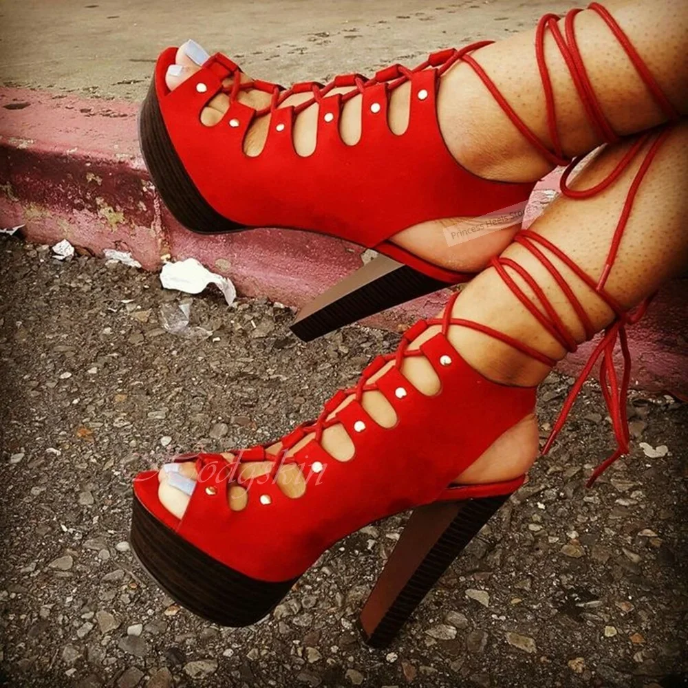 

Suede Cross Tied Sandals Thick Sole Peep Toe Chunky High Heels Sandals Women Sexy Shoes Mixed Colors Lace Up Hollow Summer Party