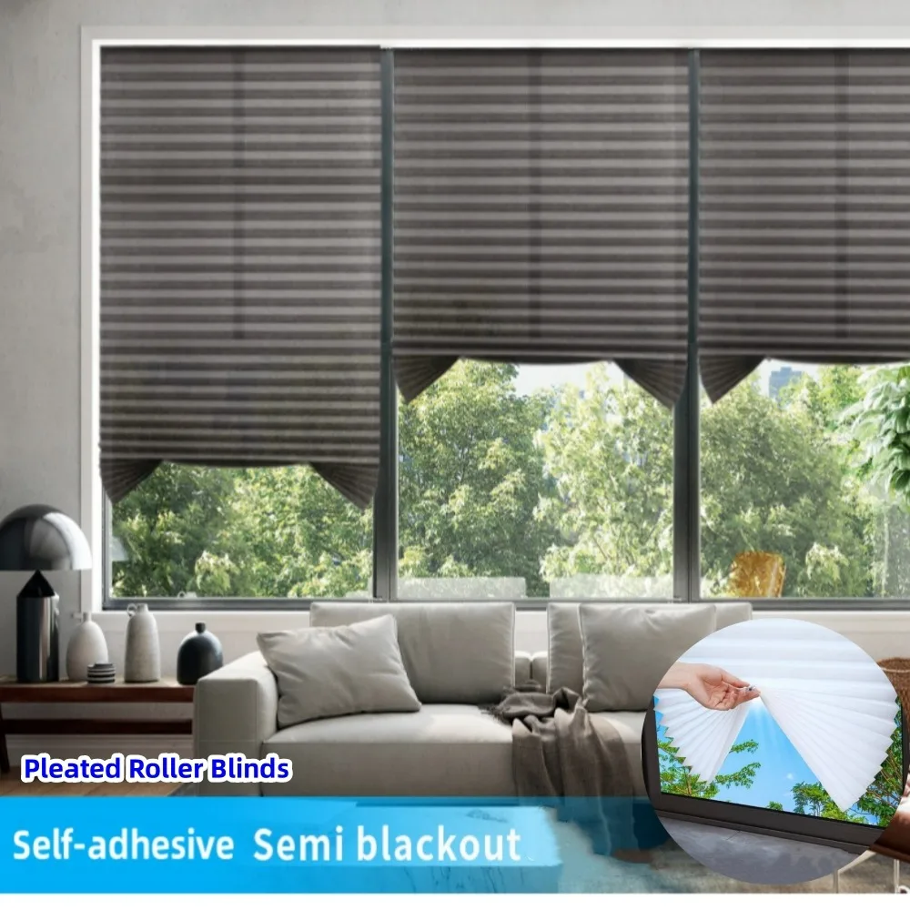 Self-Adhesive Non-Woven Pleated Blackout Roller Blinds, Window Curtain Decor for Bathroom Bedroom Balcony
