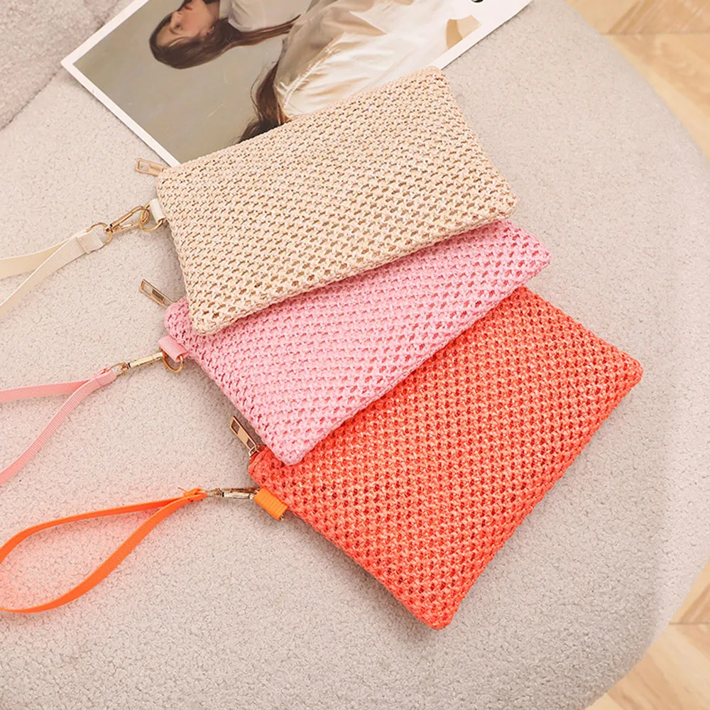 Fashion Women Bags With Wrist Straps Solid Colors Weaving Bag Straw Woven Handbag Coin Purses Simple Hollow Braided Handbags