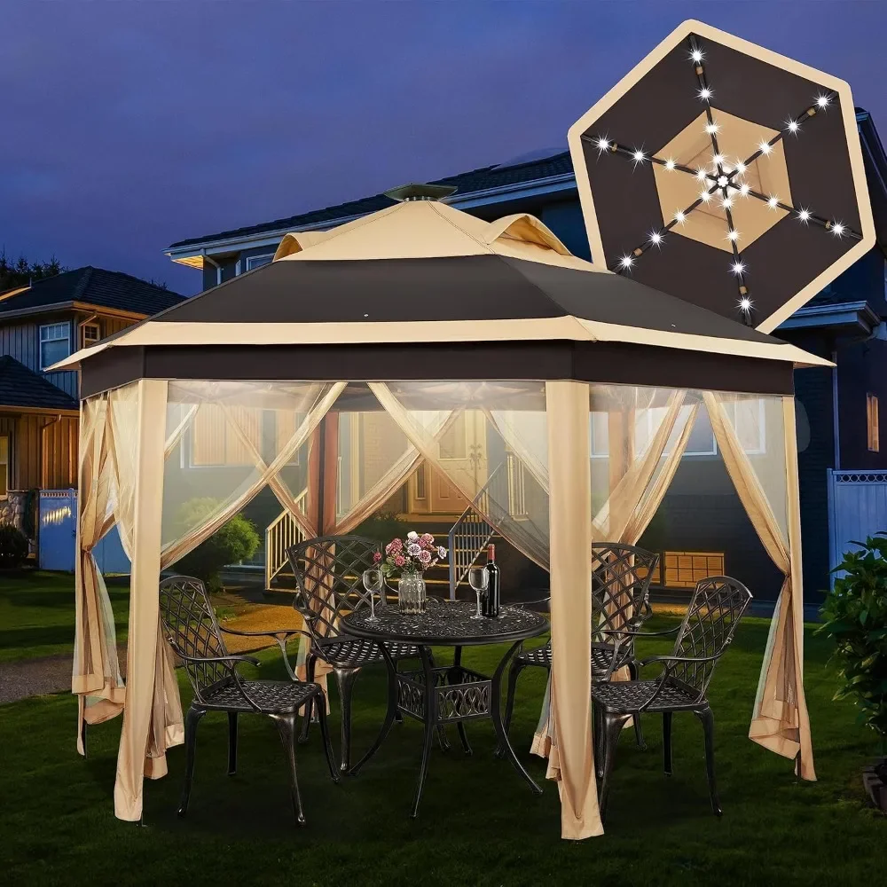 13x13 Pop-up Patio Gazebo Tent W/Mesh Netting Sides & 25 Solar LED Lights, Hexagonal Double Vented 3 Height Adjustable Gazebo