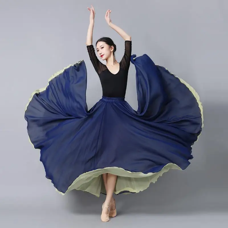 Flamenco Chiffon Dansrok voor Dames 720 Graden Effen Kleur Lange Rokken Danser Oefenkleding Chinese Stijl Rok met Grote Zoom