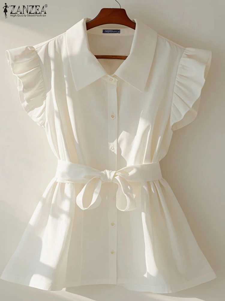 

ZANZEA Turn-Down Collar Betled Shirts Fashion Elegant 2025 Summer Solid Tunic Tops Ruffle Sleeve Woman Button Up Chemises Femme