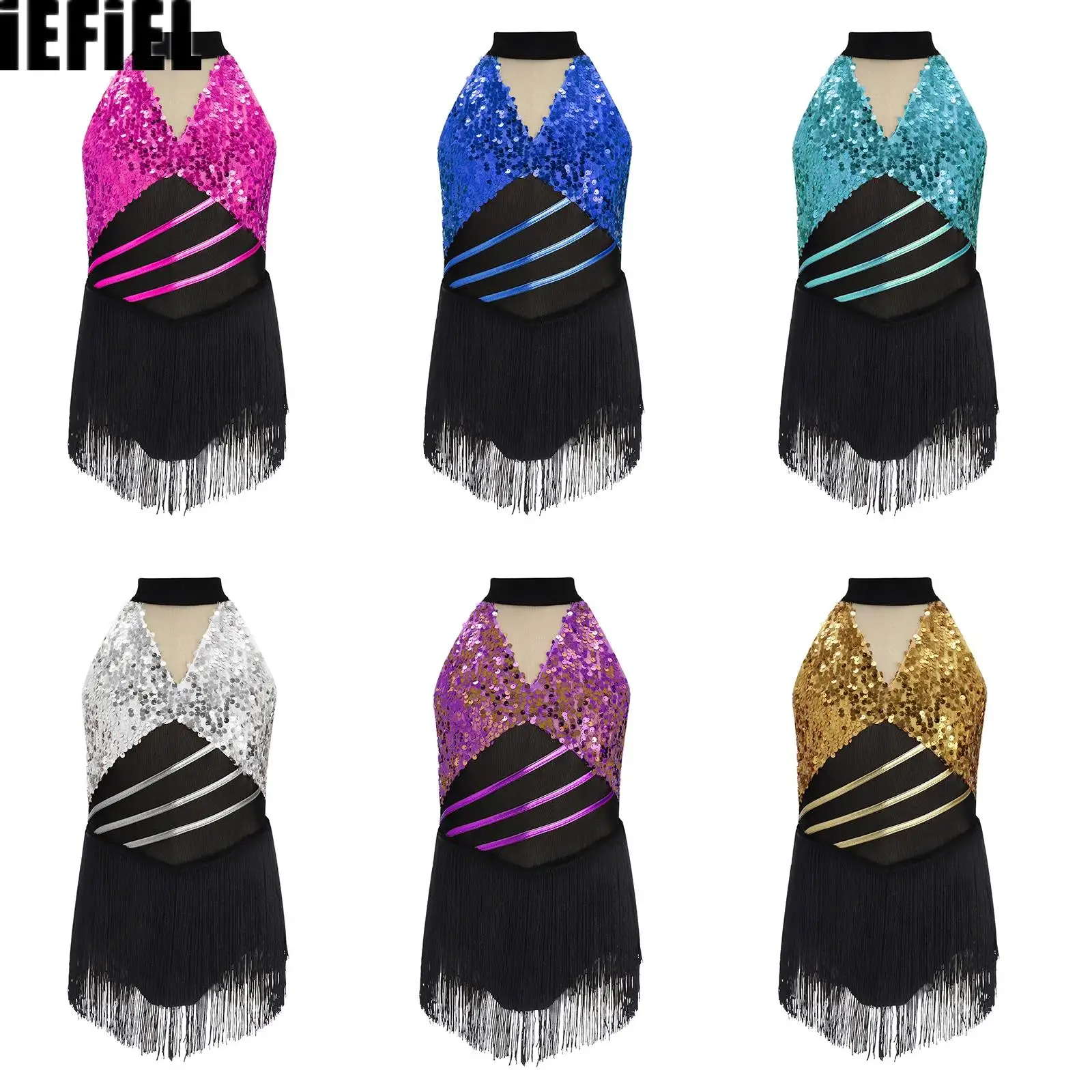 

Kids Girls Metallic Dance Dress Shiny Sequins Halter Sleeveless Mesh Waist Keyhole Back Tassels Leotard for Cha-cha Salsa Latin