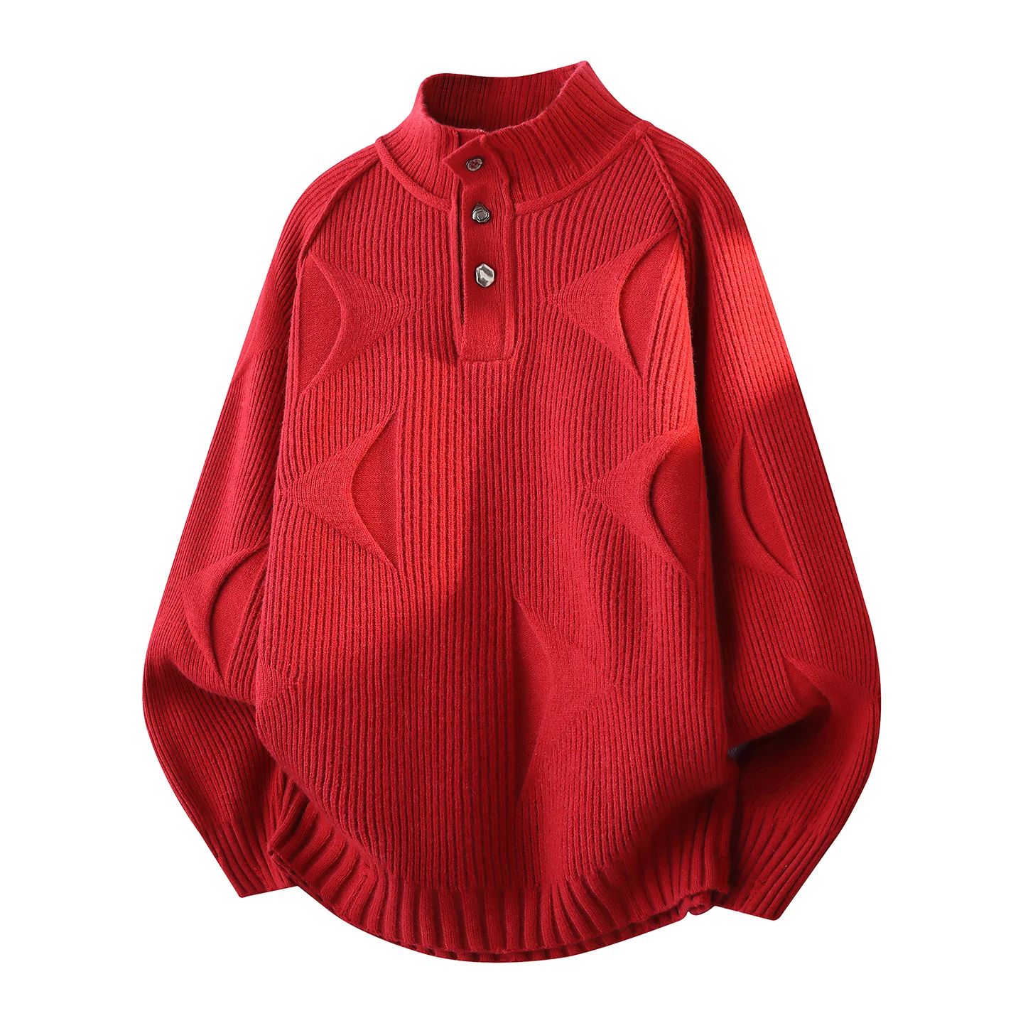 

Красный вязаный мужской свитер свободного кроя с высоким воротником, зимняя повседневная одежда, полиэстер, длинный рукав, на пуговицах, трикотаж