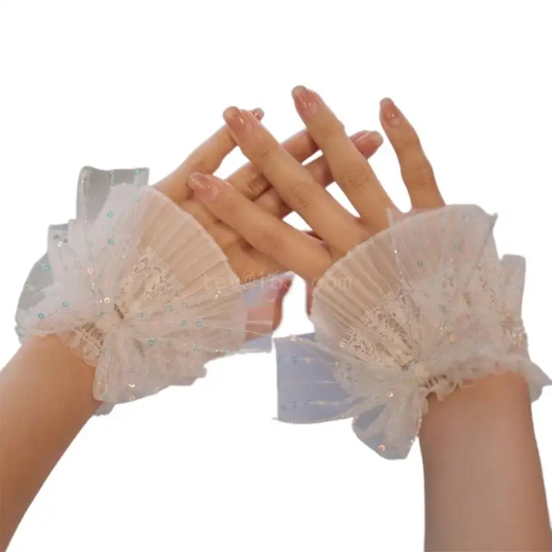 

Women Wrist Cuffs Lace Bows Removable Ruffled Wedding Supply Bride Dress False Sleeves Tulle Flared Sleeves