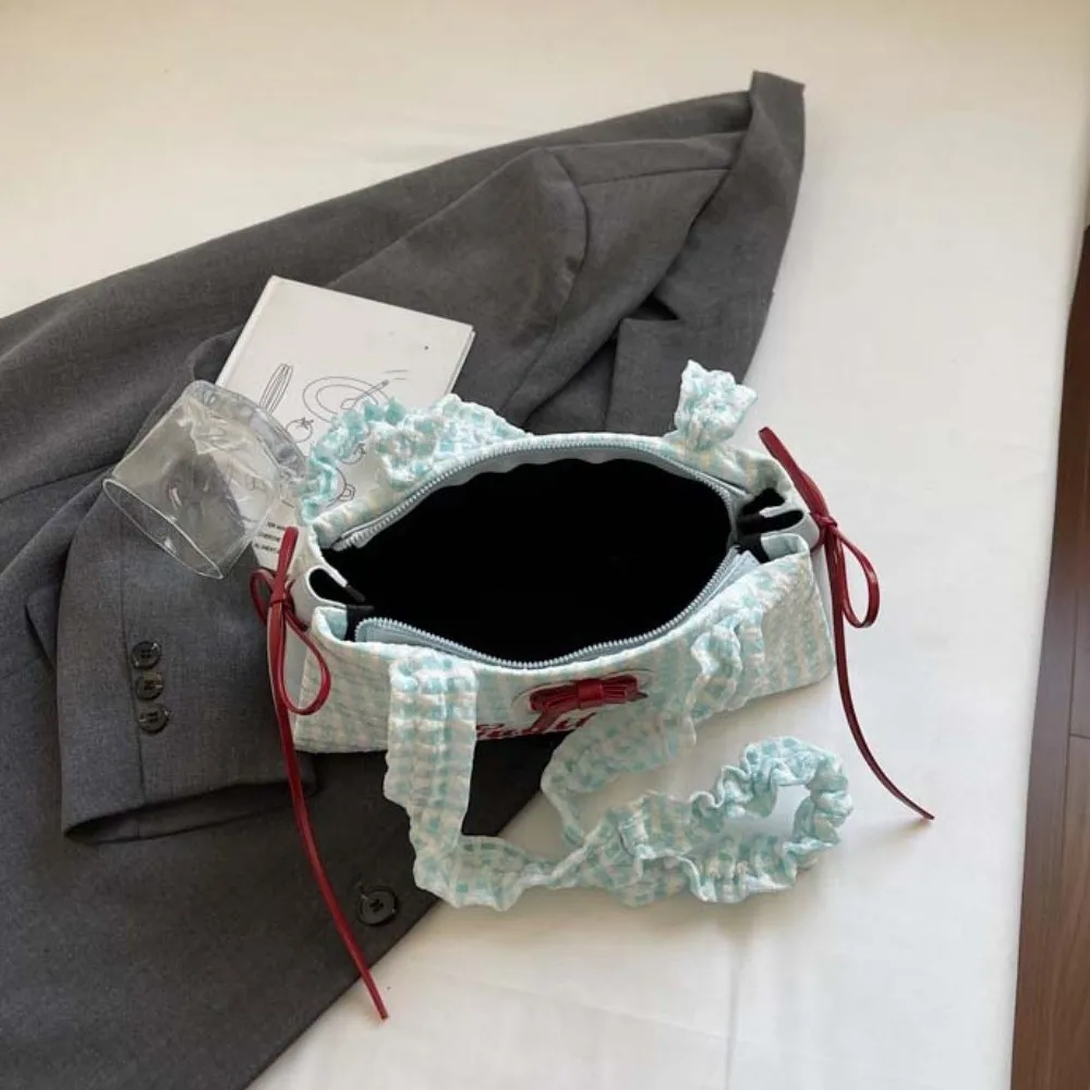 

Drawstring Shoulder Strap French Stick Handbag Bow Ribbon Pleated Plaid Shoulder Bag Heart Large Capacity Cloth Underarm Bags