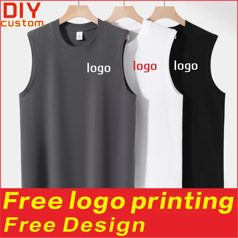 

100% cotton heavy-duty sleeveless T-shirt custom printed logo embroidery outdoor fitness vest breathable and sweat absorbing
