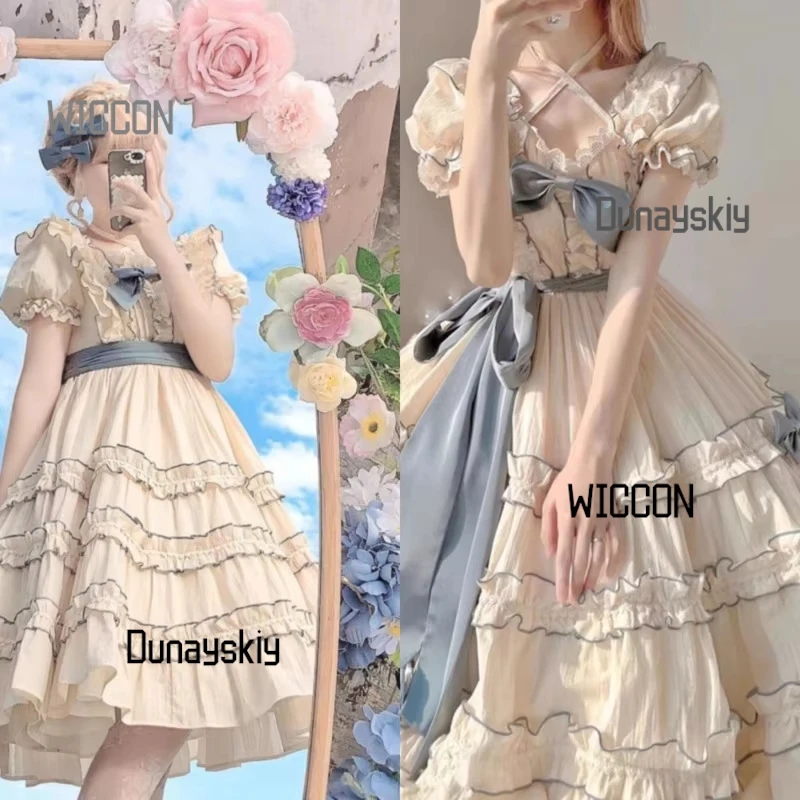 

JK Bow Tie Tied Cake Dresses Lolita Y2K Юбка принцессы Япония Пушистая юбка с рюшами Симпатичные милые французские платья трапециевидной формы для перерыва на чай
