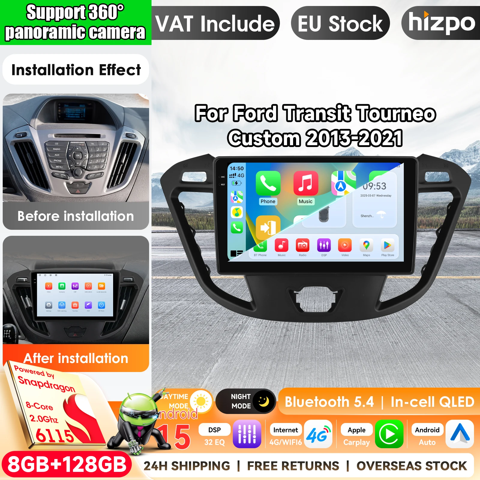 Autoradio Android 15 4G+64G da 9" con Carplay, Android Auto, GPS, Wifi, RDS, Bluetooth per Ford Transit Custom 2012-2021, touchscreen 2Din, sistema di navigazione GPS, autoradio con AI, unità