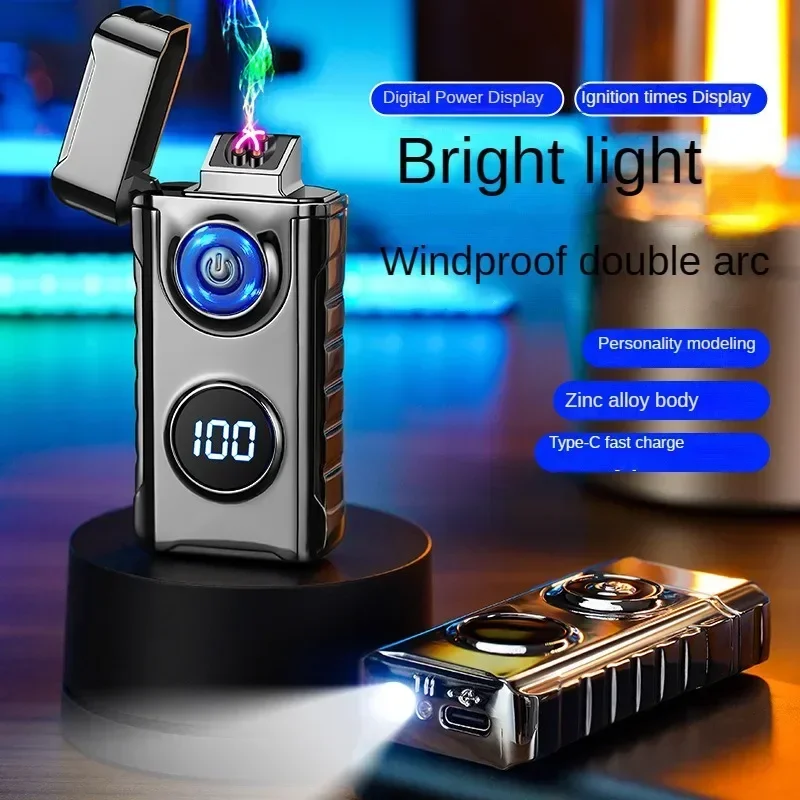 Electronic Double-arc Lighter, with Digital Battery Display, Cigarette Count Display, Type-C Fast Charging, Outdoor Windproof