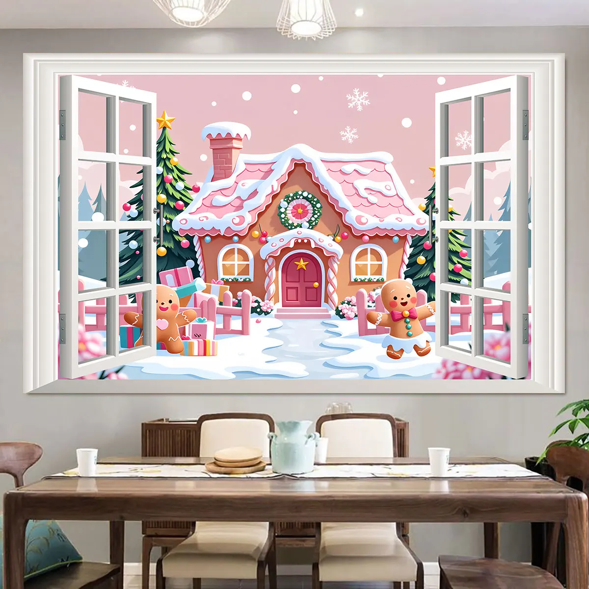 1pc Pink Snowy Gingerbread House 3D Faux Window View Wall Sticker Removable Mural For Bedroom Living Room Xmas Home Wall Deco