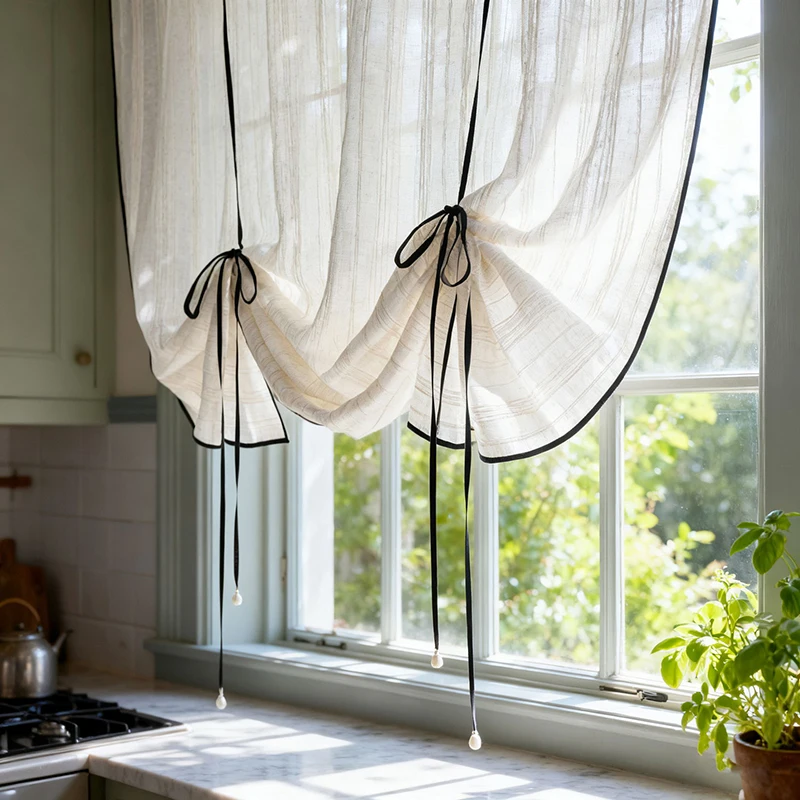 Französischer Retro-gestreifter kleiner Vorhang in Beige, halbtransparent, staubdicht, durchsichtiger Trennwandvorhang für Küche, Wohnzimmer, Tür – Detail 7