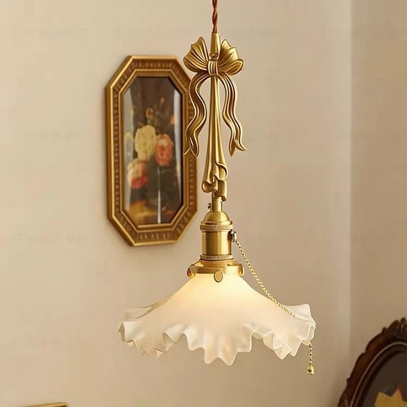 French Style All Copper Bedroom Headboard Pendant Lamp Hallway Bar LED Lighting Nordic Flower Glass Creative Small Hanging Light