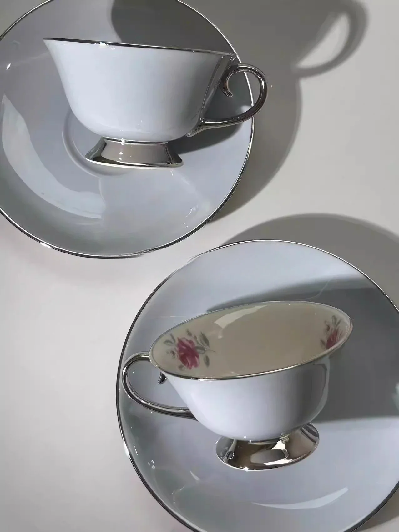 American European-style gray ceramic, pattern medieval coffee cup saucer tea cup