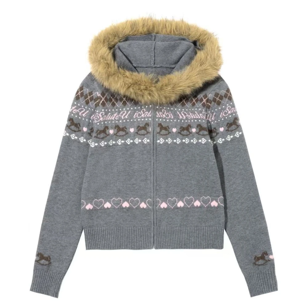

Кардиган на молнии в стиле Fair Isle с капюшоном из искусственного меха — японская милая вязаная верхняя одежда с принтом лошади-качалки и сердца в стиле ретро для женщин