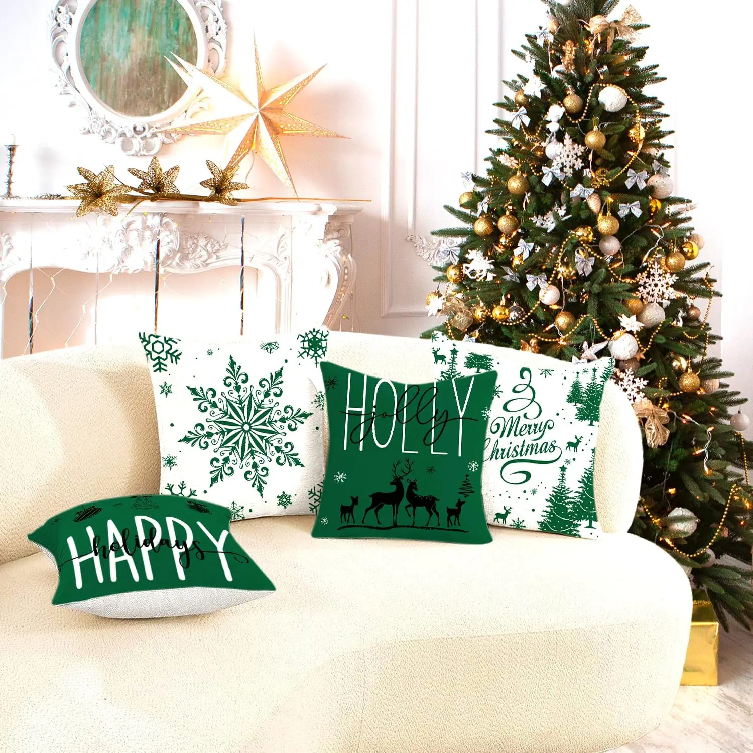 Green Christmas Pillow Covers Christmas Decorations Happy Holidays Holly Jolly Snowflake Decor Cushion Case for Couch Sofa