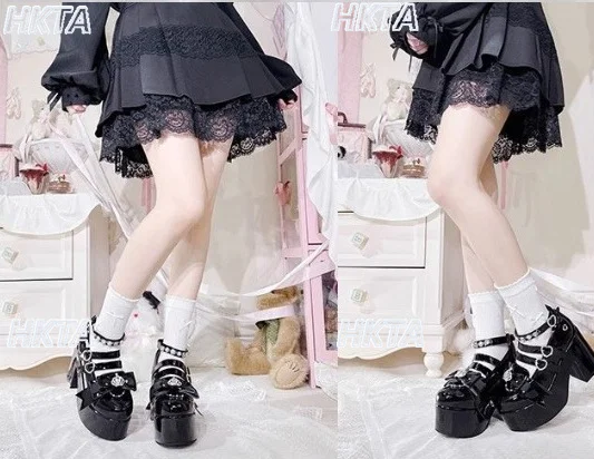 Japanese Style Shallow Bow Love Rhinestone Platform Pumps Women Mine Sweet Cute Mass Production Black Shoes Girl Leather Shoes