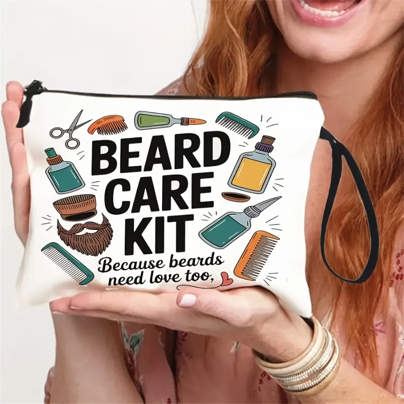 Men's Beard & Shaving Care Organizer Bag - Zippered Travel Toiletry Case with Top Handle, Lightweight Beard-Themed Design for Gr