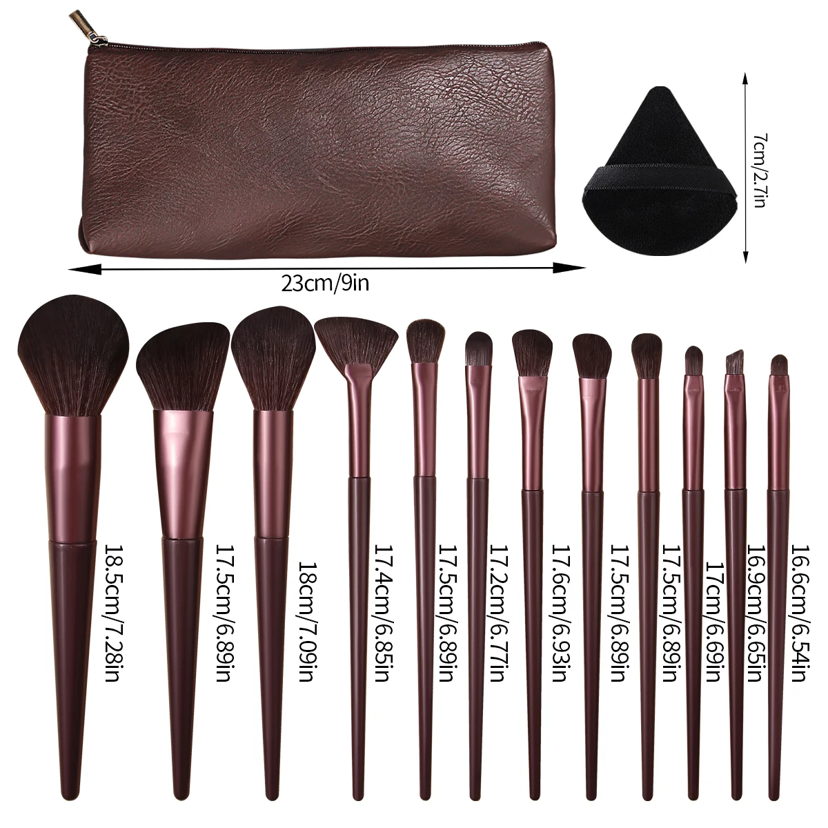 12pcs dark brown makeup brush set+2 triangular powder puffs+retro high-end storage bag portable travel professional makeuptools