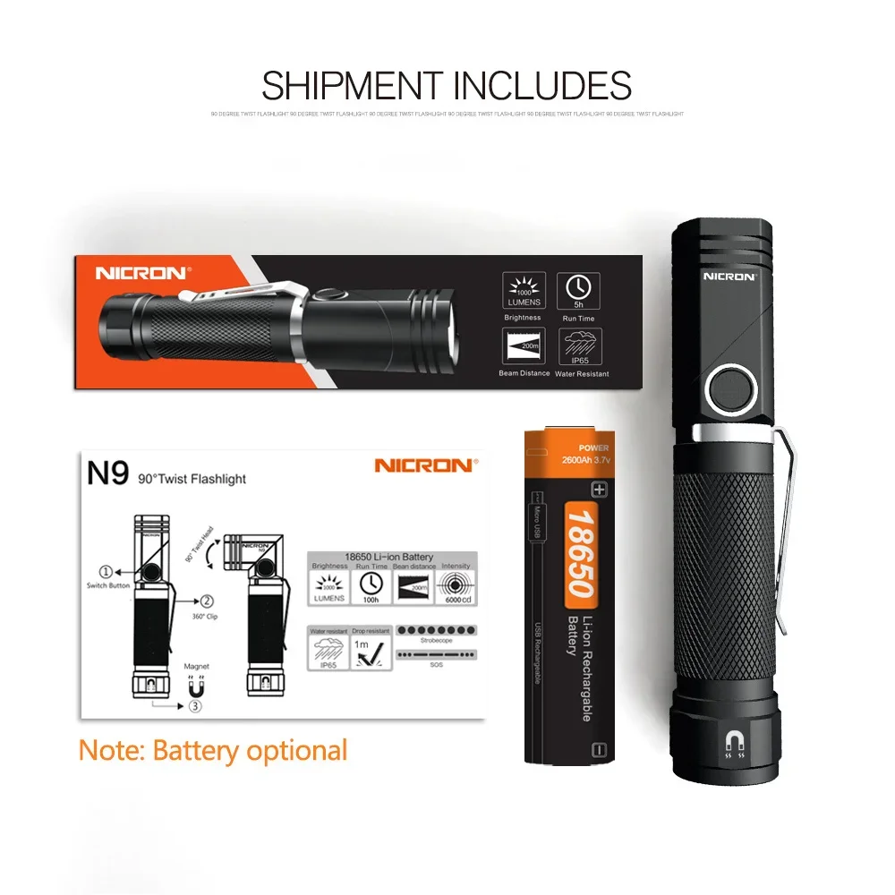 NICRON N9 LED Flashlight Tactical 90 Degree Twist 1000LM High Lumens Waterproof IP65 Magnet Mini Torch Light Outdoor