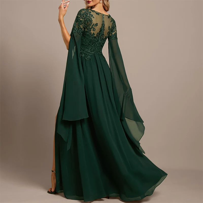 Green Lace Applique Mother of The Bride Dress Long Sleeves V Neck Side Slit Wedding Party Dresses Guest Gown Customized