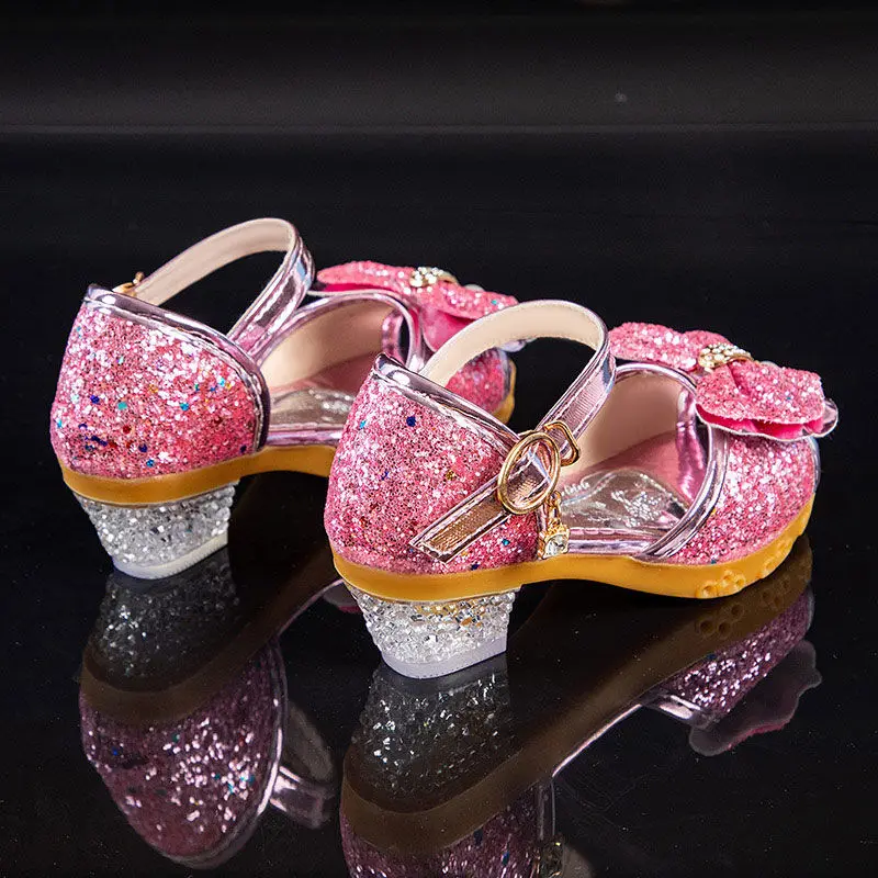 Girls Sandals Summer 2021  New Children\'s Princess Shoes Little Girls High-heeled Bow-knot Crystal Sandals Party Dress Wedding